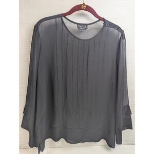 Agnès b. Black Sheer 100% Silk Pleated 3/4 Sleeve Shirt EU 42 US 10/12 Gorgeous!